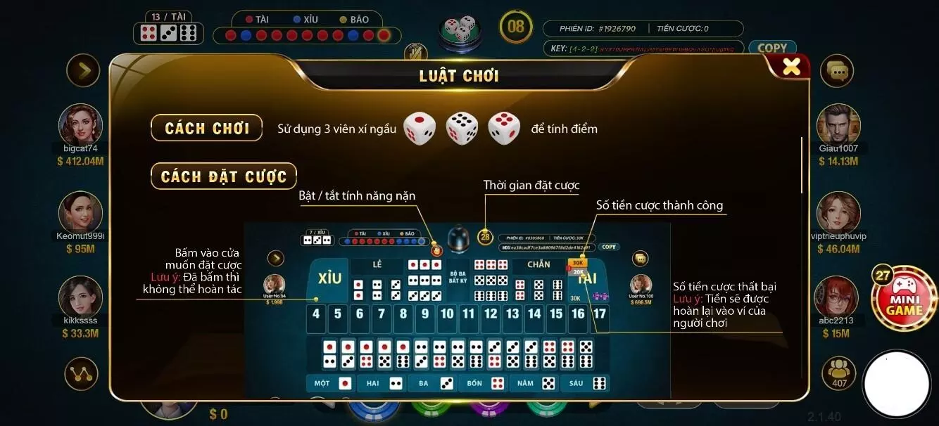 Tìm kiếm bàn chơi Sicbo tại Hitclub IOS