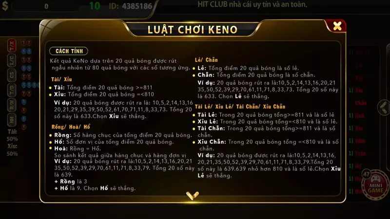 Luật chơi siêu thú vị của keno tại Hitclub